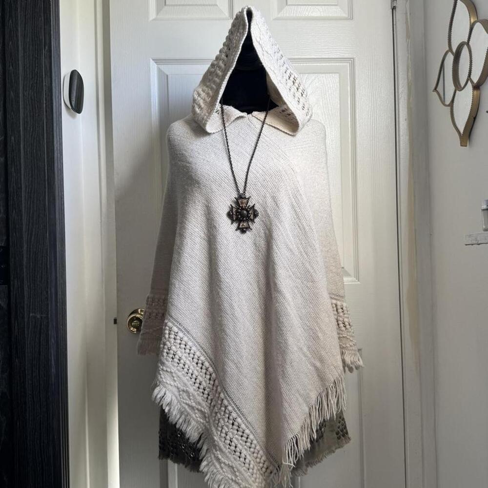 Crochet knit poncho with hood and fringe